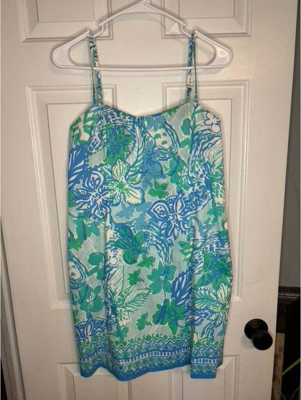 Lilly Pulitzer Blue & Green Floral Print Spaghetti Strap Dress